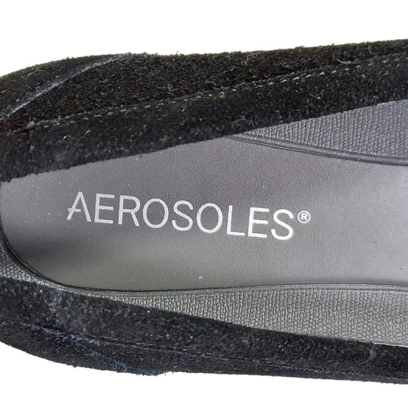 Aerosoles Black Suede Sidewalk Bow Trim Pointed Toe Small Wedge Loafers Slip Ons - Picture 12 of 14